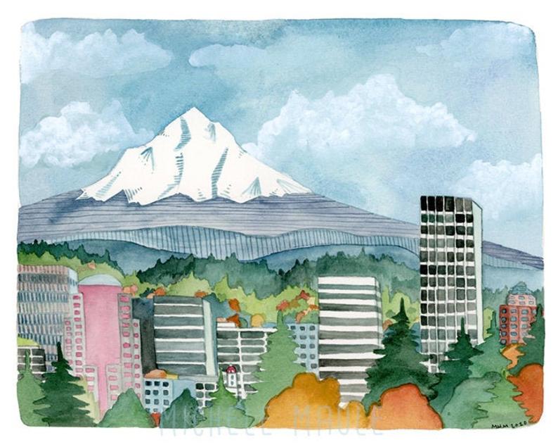 Portland Skyline with Mt. Hood Print