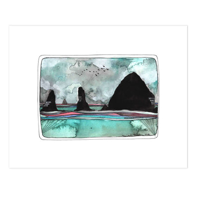 Cannon Beach haystack rock watercolor print