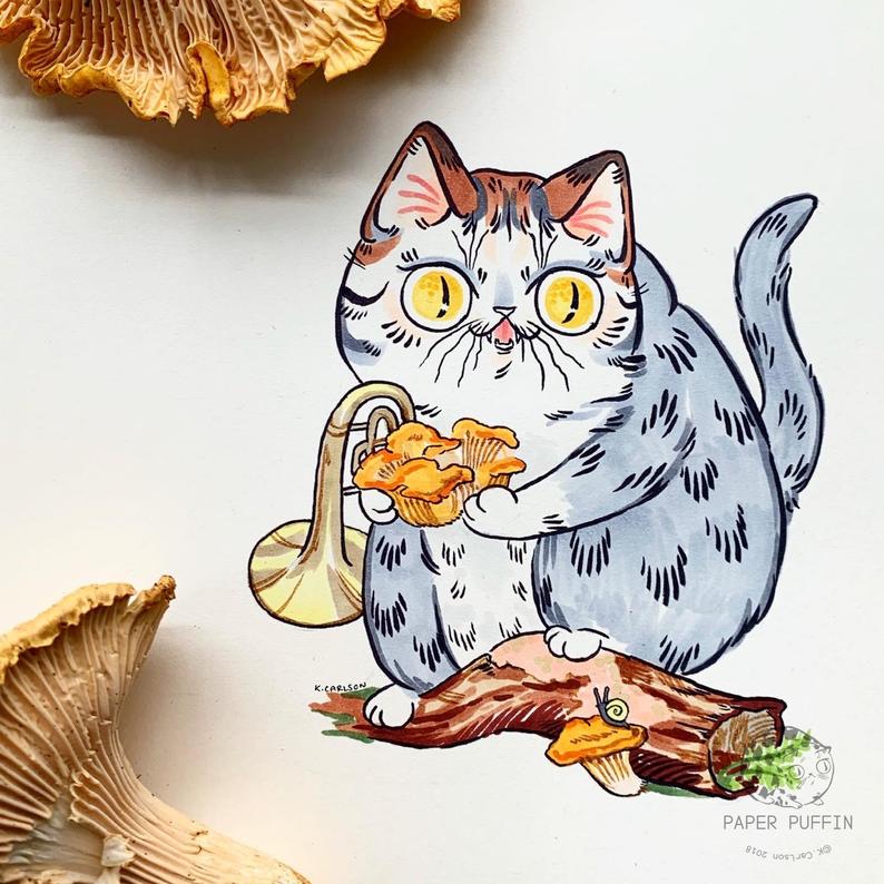 Chanterelle Cat Mushroom Print